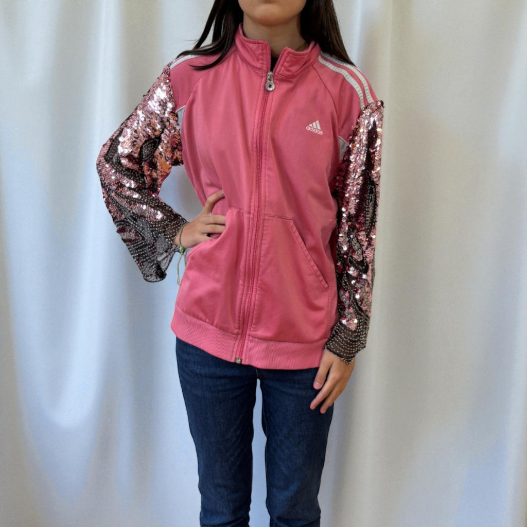 #17 Veste de sur-vêtement Adidas rose à manches paillettes